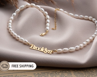 Mothers Day Custom Name Necklace Gift, Dainty Pearl Chain Personalized Gold Name Necklace , Minimalist Custom Name Necklace
