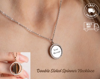 Spinner Double Sided Custom Engrave Necklace , Personalized jewelry Unique Gift for her, Gold Bar Necklace with Fidget, Valentines Day Gift