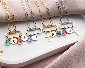 Gold Carabiner Charm lock Necklace, Adjustable DIY Personalized Jewelry, Build Your Own Birthstone Charm  Necklace, Christmas Gift for Her