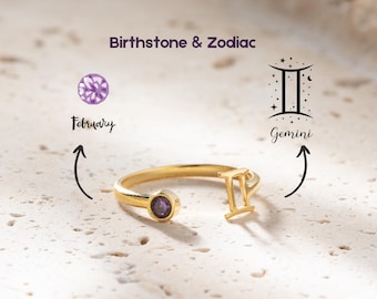 Zodiac Birthstone Ring, Constellation Ring, Personalized Jewelry, Birthday Gift for Her, Astrology Christmas Gift