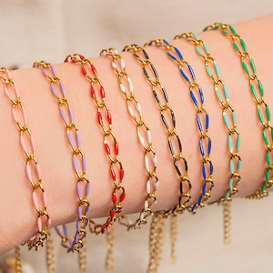 Gold Chain Enamel Bracelet, Colorful Link Chain Jewelry, Dainty Everyday Bracelet, Adjustable Gift for Her