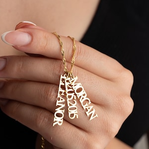 Personalized Multi Vertical Name Necklace, Family Name/Kids Name Necklace, Custom Unisex Date Necklace,  Mothers Day Gift for Grandma