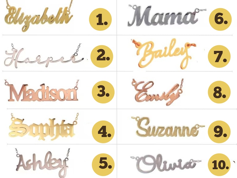 Op de afbeelding: Tien gouden, zilveren en ros&eacute;gouden kettingen met gepersonaliseerde namen, waaronder Elizabeth, Mama, Harpsk, Bailey, Madison, Emily, Sophia, Suzanne, Ashley en Olivia. Elke ketting heeft een bijbehorend nummer van 1 tot 10.