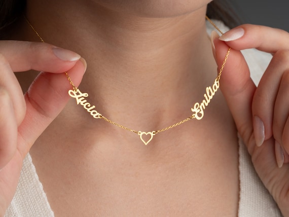Custom Two Name Necklace with Heart, 18K Gold , Personalized Couple Names Necklace, Kids Name Necklace , Anniversary gift , Christmas Gift