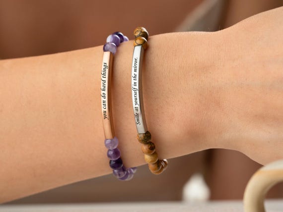 Personalized gift for family, Custom Engraved Bar Bracelet, Wishes for 2026, Christmas gift, Natural Gemstone bracelet