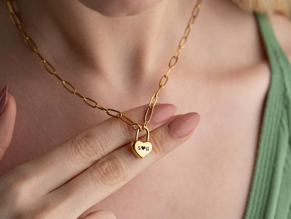 Personalized  Heart Padlock Necklace, Initial Jewelry with Paperclip Chain, Lock Charm Necklace, Lock Pendant Necklace, Anniversary Gift