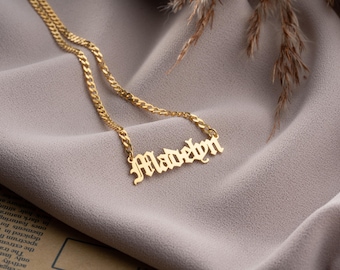 14K Gold Personalized Name Necklace with Curby Chain, Handmade Jewelry, Personalized Christmas Gift for Mom, Custom Name Plate Necklace