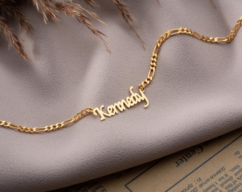 14K Gold Personalized Name Necklace with Figaro Chain, Handmade Jewelry, Personalized Christmas Gift for Mom, Custom Name Plate Necklace