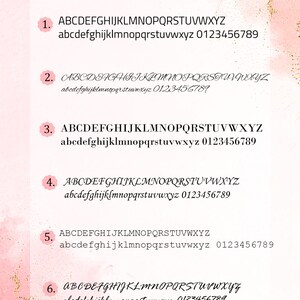 May include: A list of six different fonts, numbered 1 through 6, with the alphabet in uppercase and lowercase letters, and the numbers 0 through 9. The text reads "Fonts" at the top of the image. The text "Please contact for all other available fonts and shapes" is at the bottom of the image.