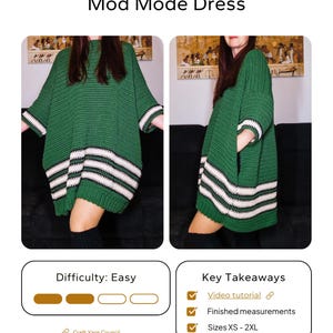 Op de afbeelding: Een groene gehaakte jurk met witte strepen en een zak. De jurk wordt getoond op een model met zwarte panty's. De tekst "Mod Mode Dress" staat bovenaan de afbeelding. De tekst "Moeilijkheidsgraad: Gemakkelijk" staat onder de afbeelding van de jurk. De tekst "Belangrijkste punten" staat onder de afbeelding van de jurk. De tekst "Videotutorial" is aangevinkt. De tekst "Gereed gemeten" is aangevinkt. De tekst "Maten XS - 2XL" is aangevinkt. De tekst "Craft Yarn Council" staat onder de afbeelding van de jurk. De tekst "Versie 1" staat onder de afbeelding van de jurk. De tekst "Loops Only, Karmen Režek" staat onder de afbeelding van de jurk.