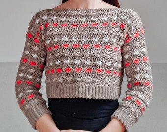 Patrón de suéter de crochet con forma de corazón: Punto de corazón, detalle acanalado (Descargar PDF)