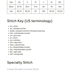 Pode incluir: Tabela de tamanhos em cent&iacute;metros para uma pe&ccedil;a de roupa com medidas de cintura e anca nos tamanhos XS, S, M, L, XL e 2XL. Chave de pontos com abreviaturas para pontos de croch&ecirc; em terminologia americana. Ponto especial: Ponto de croch&ecirc; duplo ligado com instru&ccedil;&otilde;es para a corrente inicial.