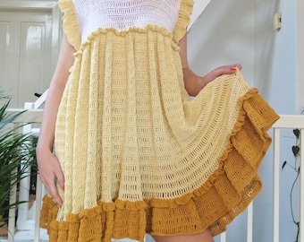 Patroon gehaakt Sundance-jurk: tuniek met ruches, XS-2XL (pdf-download + videotutorial)