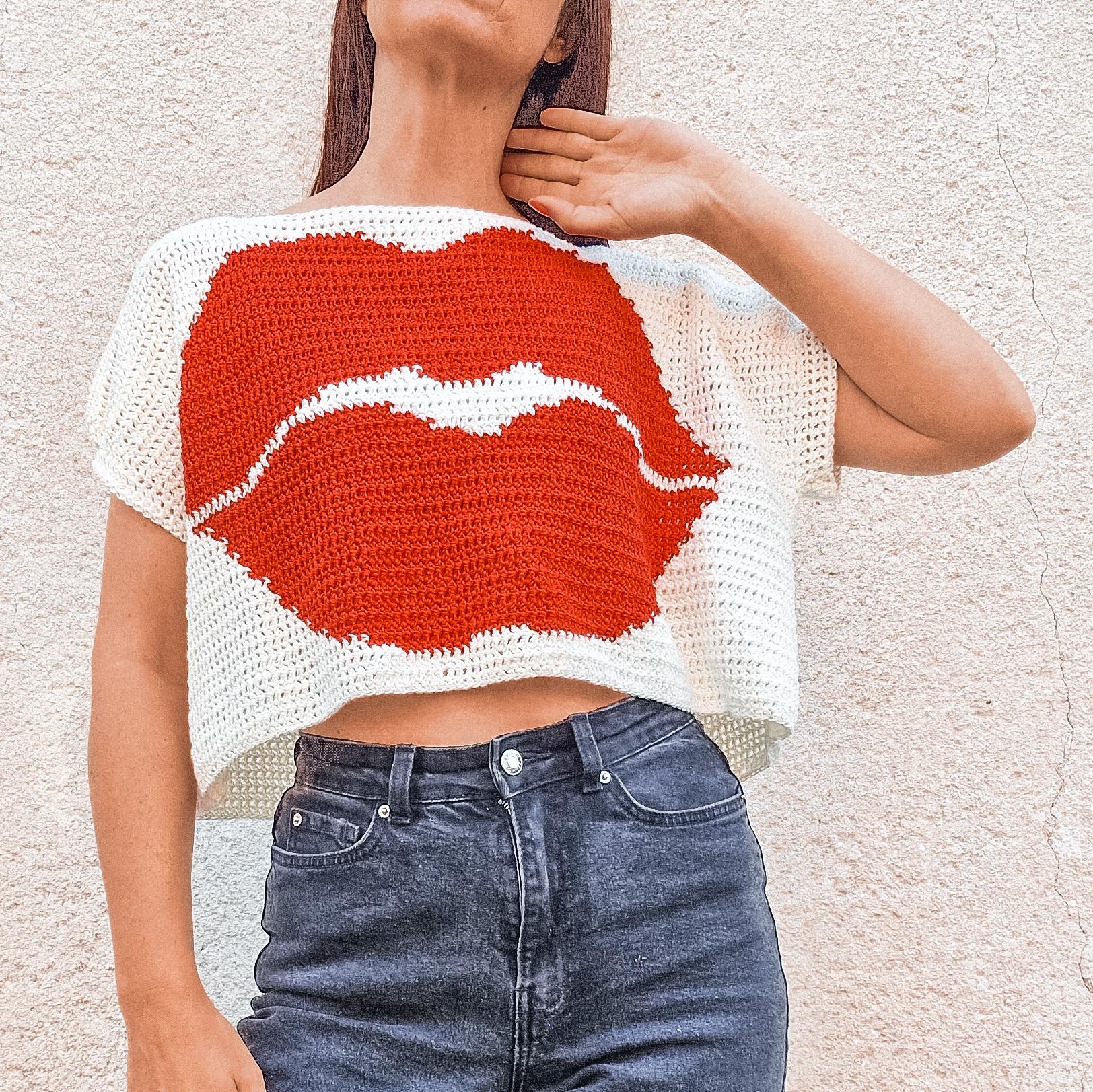 Kiss Top Crochet Pattern: Intarsia Crop Tee with Bold Lips (PDF + Video Tutorial)