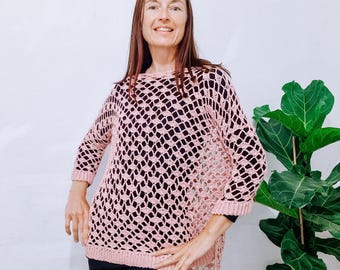 Rose Lace Easy Oversized Summer Sweater Crochet Pattern: Made to Measure Lace Pullover with 3/4 Sleeves (PDF Download + Video Tutorial)