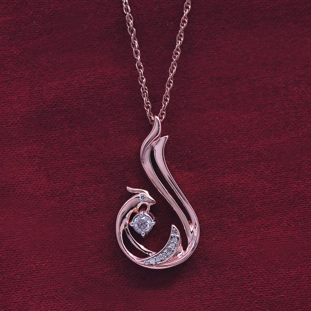 1/10 Carat Natural Round Diamond Phoenix Bird Pendant Necklace Etsy