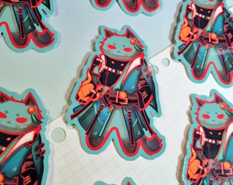 May include: A set of colorful cat stickers with a cyberpunk theme. The stickers feature a cat wearing a black and green outfit with a red and blue glow. The cat is holding a weapon in its right paw.