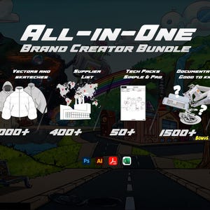May include: An illustrated graphic promoting a brand creator bundle. The image includes the text "ALL-IN-ONE BRAND CREATOR BUNDLE" and features icons for vectors, supplier lists, tech packs, and documentation. The bundle includes over 5000 vectors and sketches.