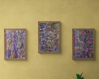 Marbled Paper The Intersection of Nature and Aesthetics in an Original Art Form Set of 3 Purple Unique Marbled Paper Abstract Wall Decor