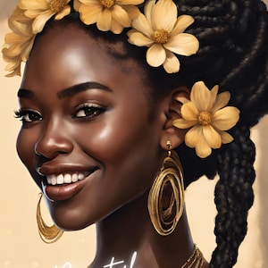 Flower Crown - Young Black Woman With Flowers In Hair and Gold Jewelry - Digital Download - Printable Art - Digital Art - Black Art