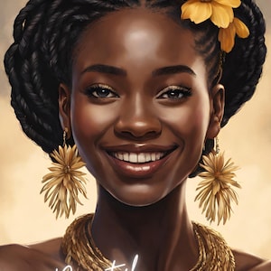 Flower Power - Black Woman With Flower In Hair and Flower Jewelry - Digital Download - Printable Art - Digital Art - Black Art