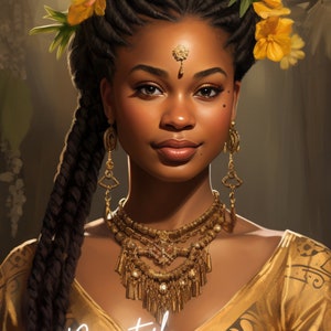 Golden Child - Young Black Woman With Flowers In Hair and Gold Jewelry - Digital Download - Printable Art - Digital Art - Black Art