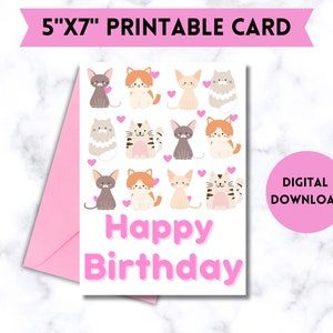 Printable birthday card with cute cats, instant downloadable card, pink hearts and cute cats,  print, cut and fold.