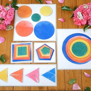 Stacking geometry puzzles, size discrimination and printable fractions, 5 puzzles, Montessori inspiration