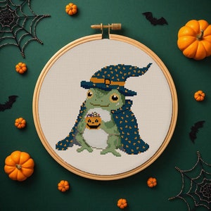 Lindos diseños de patrones de punto de cruz de rana de caramelo de Halloween Patrón de bordado de animales lindos Archivo PDF de punto de cruz fácil
