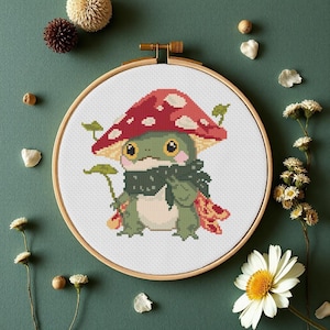 Mushroom Frog Cross Stitch Pattern - Kawaii Embroidery Design (PDF Pattern)