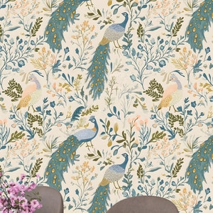 Peacock Botanical Wallpaper Mural: Peel and Stick Removable Wall Decor