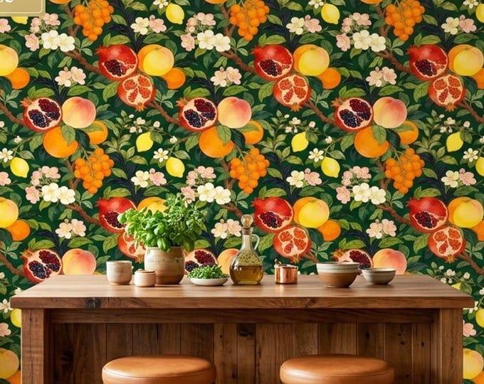William Morris Style Fruit Wallpaper — Dark Green Orchard Botanical Peel and Stick Mural