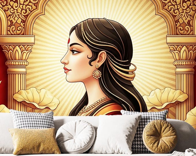 Goddess Lotus Indian Arch Wallpaper Mural: Red Gold Peel and Stick Decor