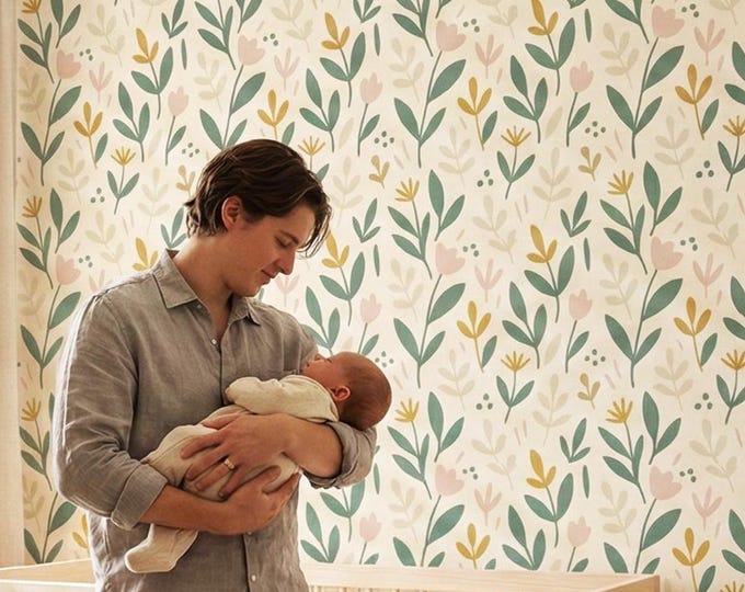 Soft Pastel Foliage Wallpaper Rolls – Minimal Nordic Floral Peel and Stick Design