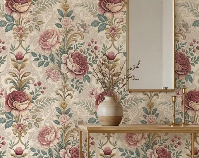 Victorian Floral Peel & Stick Wallpaper, Peony Botanical Mural, Removable