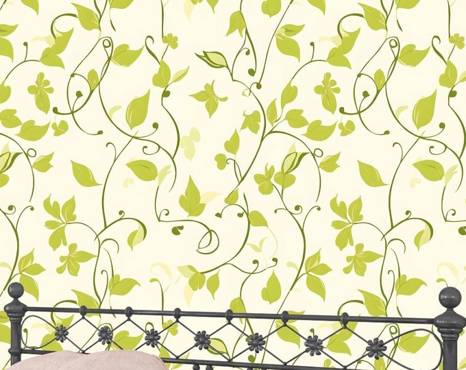 Wallpaper Cream Lime Green Botanical Vine Leaf Mural - Peel and Stick Removable Wallpaper, Non Woven Wallcovering for Home Accent