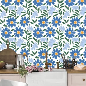 Carta da parati retrò con margherite funky / Carta da parati floreale retrò anni '60 e '70 blu-arancio / Carta da parati rimovibile, preincollata / Boho Botanical Nursery, camera da letto, cucina