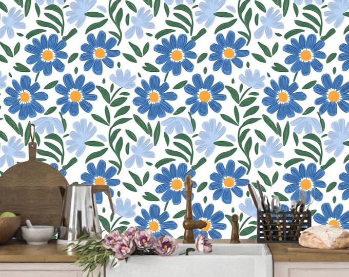 Retro Funky Daisy Wallpaper | Floral 60s 70s Retro Blue Orange | Removable Peel Stick, Prepasted | Boho Botanical Nursery, Bedroom, Kitchen