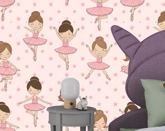 Pink Ballerina Wallpaper Mural with Stars for Little Girls Room or Ballet Kids Decor