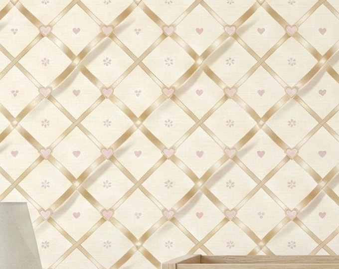 Blush Ribbon Preppy Wallpaper Peel and Stick, Champagne Gold Heart Lattice, Seamless Nursery Decor