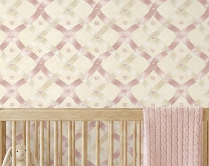 Blush Pink Ribbon Lattice Wallpaper Peel and Stick, Heart Seamless Nursery Decor