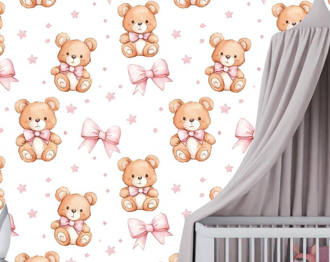 Cute Pink Watercolor Teddy Bear Nursery Wallpaper Wall Mural for Baby Girls and Playrooms