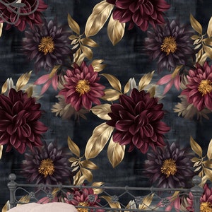 Carta da parati murale floreale con motivo a dalie bordeaux scuro e adesivo - Elegante decorazione murale con fiori scuri per camere da letto, soggiorni e pareti decorative