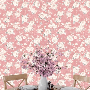 Carta da parati murale vintage Cottagecore Blush Pink - Design romantico con rose per camere da letto shabby chic o pareti decorative - Stacca e attacca o preincolla