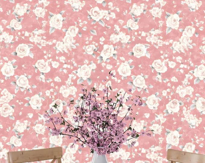 Vintage Cottagecore Blush Pink Wallpaper Mural - Romantic Rose Design for Shabby Chic Bedrooms or Accent Walls - Peel and Stick or Prepasted