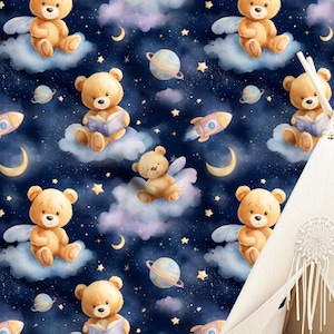 Carta da parati con orsetti di peluche, stelle e nuvole per cameretta dei bambini - Decorazione murale da staccare e attaccare per la cameretta dei bambini