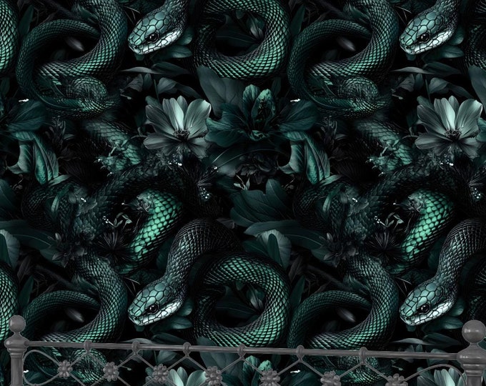 Dark Green Moody Botanical Wallpaper Mural - Snake and Succulent Design with Accent Interior