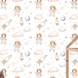 Carta da parati murale per cameretta dei bambini con tema astronauta spaziale, motivo acquerello di luna e stelle, decorazione per la cameretta dei bambini, stacca e attacca