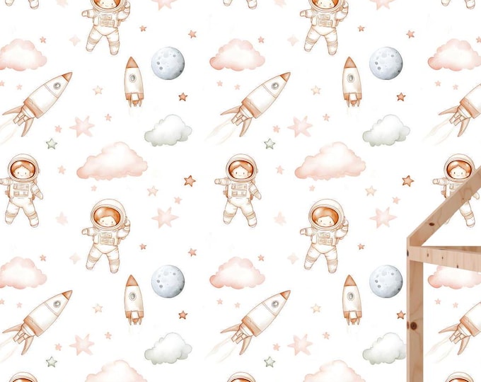Space Astronaut Adventure Boy Nursery Wallpaper Mural, Watercolor Moon and Stars Pattern, Peel and Stick Kids Room Decor