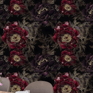 Carta da parati murale floreale nera di lusso - Design peonia bordeaux e oro, decorazione murale staccabile e adesiva per camera da letto, soggiorno e pareti decorative